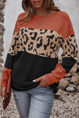 Casual Leopard Patchwork Contrast O Neck Sweaters(4 Colors)