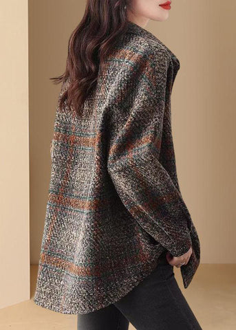 Einzigartiger dicker Mantel mit Peter-Pan-Kragen und Karomuster und langen Ärmeln 