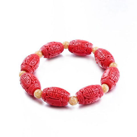 Red Cinnabar Chinese Carving Beads Elastic Bracelet