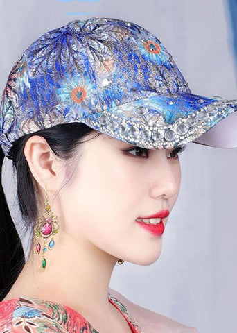 Gorra de béisbol de algodón con parches y estampado de circonitas azules elegantes 