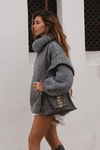 Solid Patchwork Chunky Fluffy Turtleneck Sweater