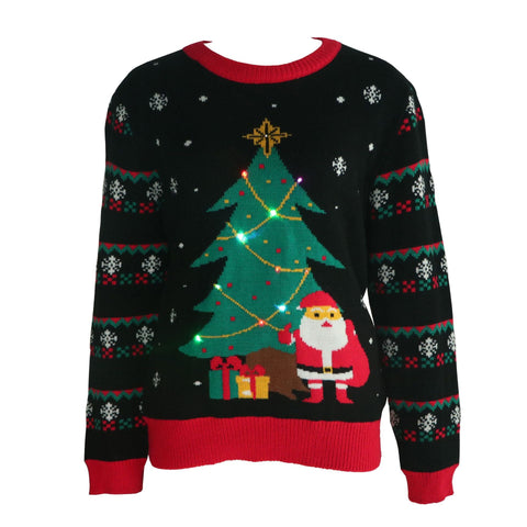 Suéter navideño con cuello redondo y diseño de árbol de Navidad para mujer, con luces LED 