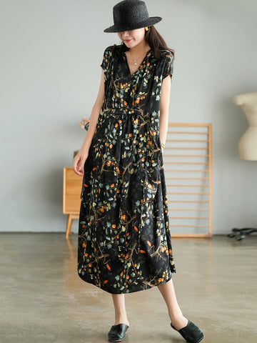 Women Vintage Floral Drawstring V-Neck Loose Dress
