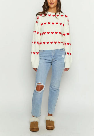 Suéter de punto con rayas de corazón rojo Lovey 