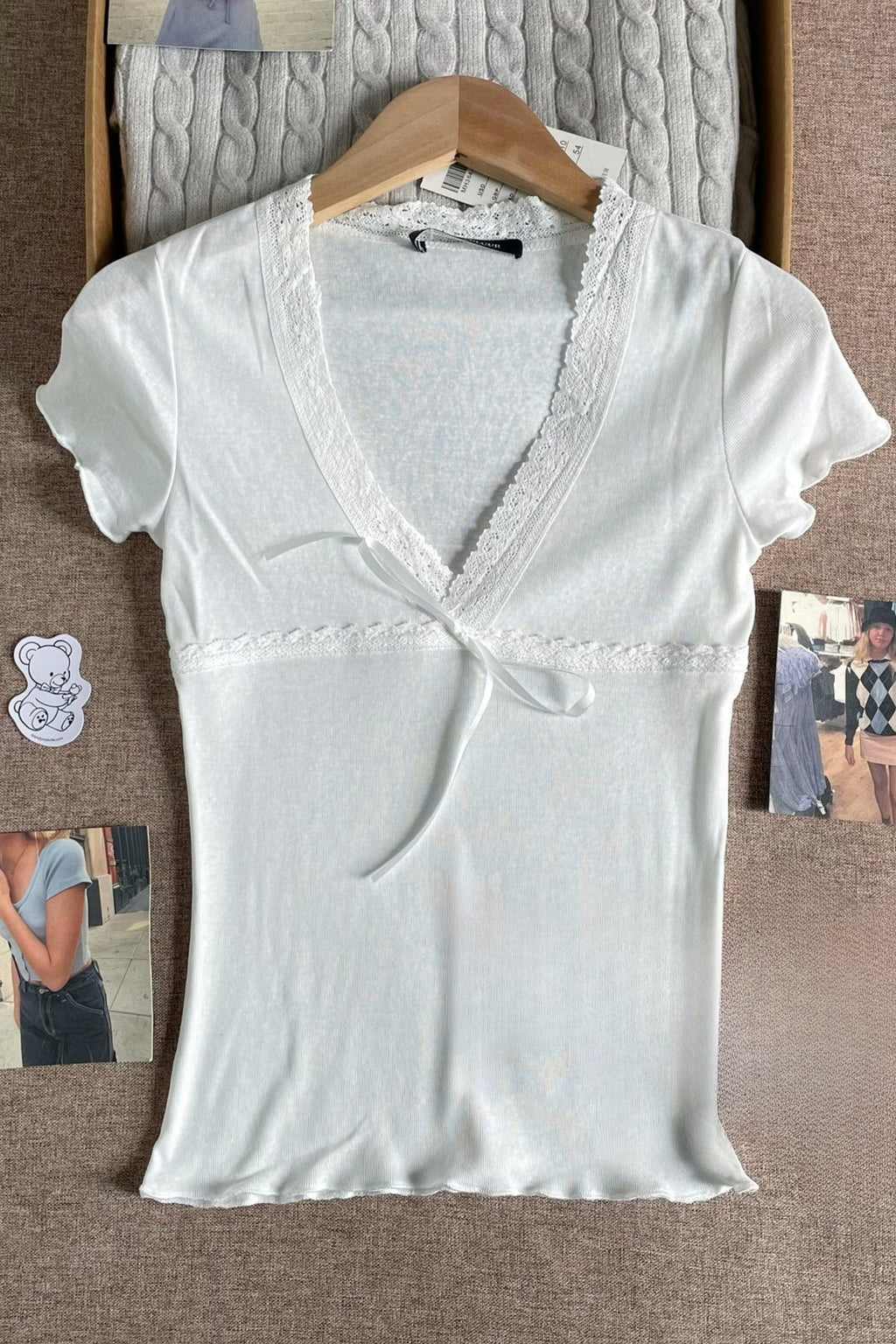 Solid Casual Lace Trim Tie T-Shirt