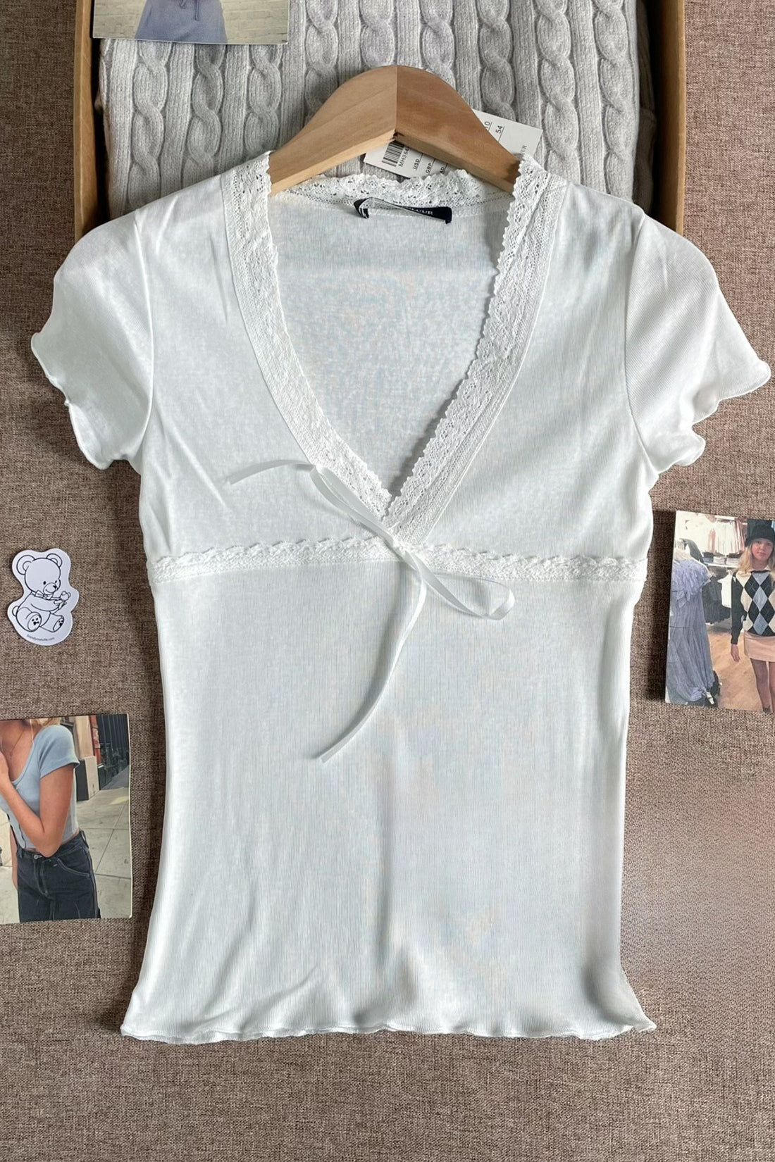 Solid Casual Lace Trim Tie T-Shirt
