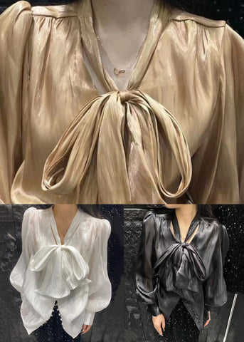 New White Lace Up Button Silk Blouses Spring