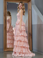 Vestido de fiesta estilo princesa, corte A, hombros descubiertos, corsé y volantes de encaje