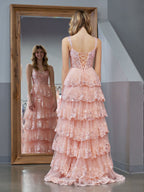 Vestido de fiesta estilo princesa, corte A, hombros descubiertos, corsé y volantes de encaje