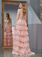 Vestido de fiesta estilo princesa, corte A, hombros descubiertos, corsé y volantes de encaje