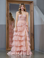 Vestido de fiesta estilo princesa, corte A, hombros descubiertos, corsé y volantes de encaje