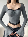Casual Lace Trim Cropped Slim Square Collar Knit Top