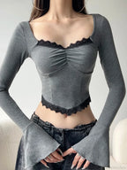 Casual Lace Trim Cropped Slim Square Collar Knit Top
