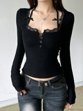Casual Lace Trim Halter Slim Solid Square Collar Knit Top