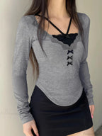 Casual Lace Trim Patchwork Fake 2 Piece Slim V-Neck Knit Top