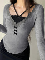Casual Lace Trim Patchwork Fake 2 Piece Slim V-Neck Knit Top