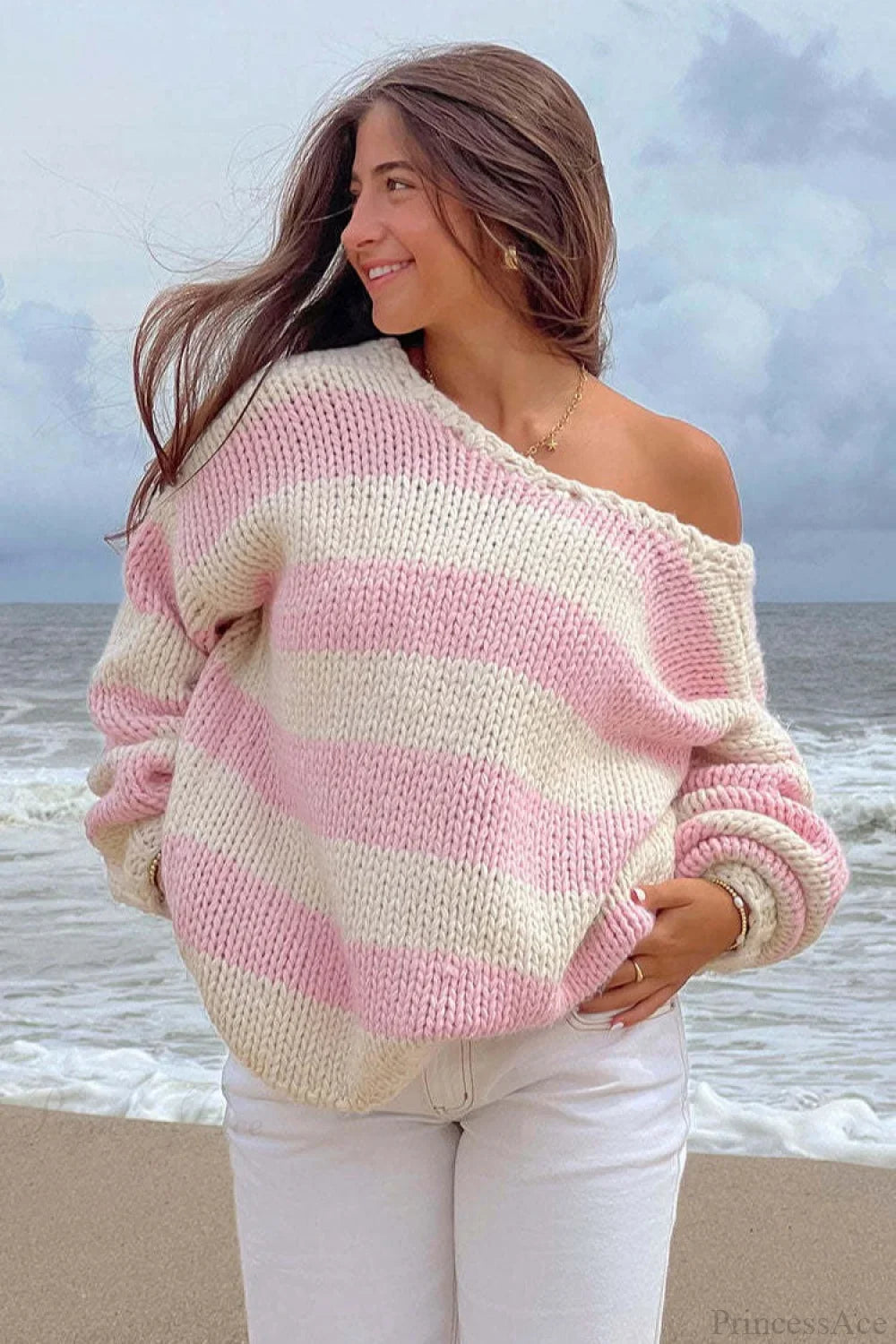 Casual Loose Off-Shoulder Striped Sweet Sweater
