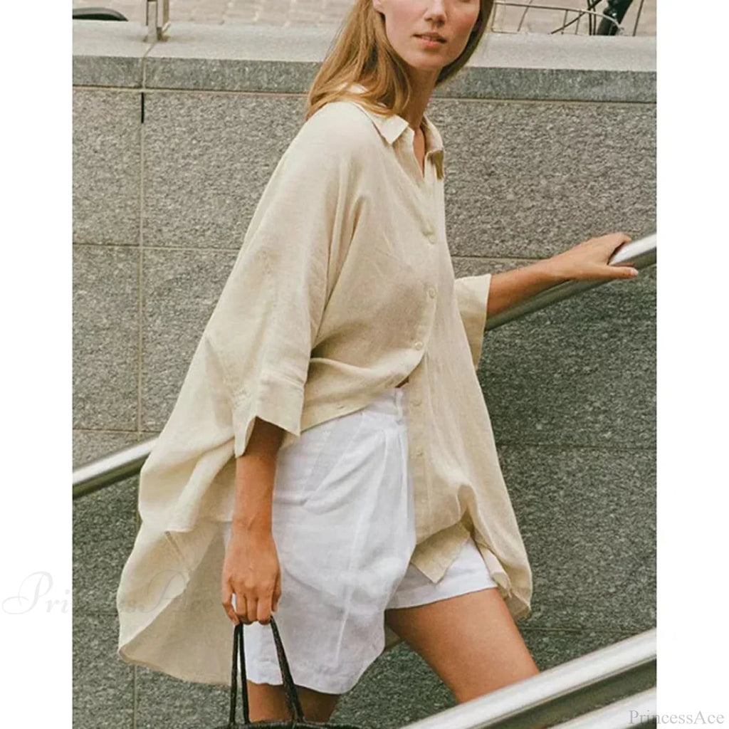 Casual Loose White Button-up Half Sleeve Blouse
