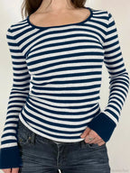 Casual Slim Striped Autumn Spring Basic O-Neck Knit Top