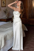 Chic Solid Satin Shirred Strapless Elegant Maxi Dress
