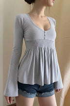 Casual Solid Deep V A Line Elastic Blouse