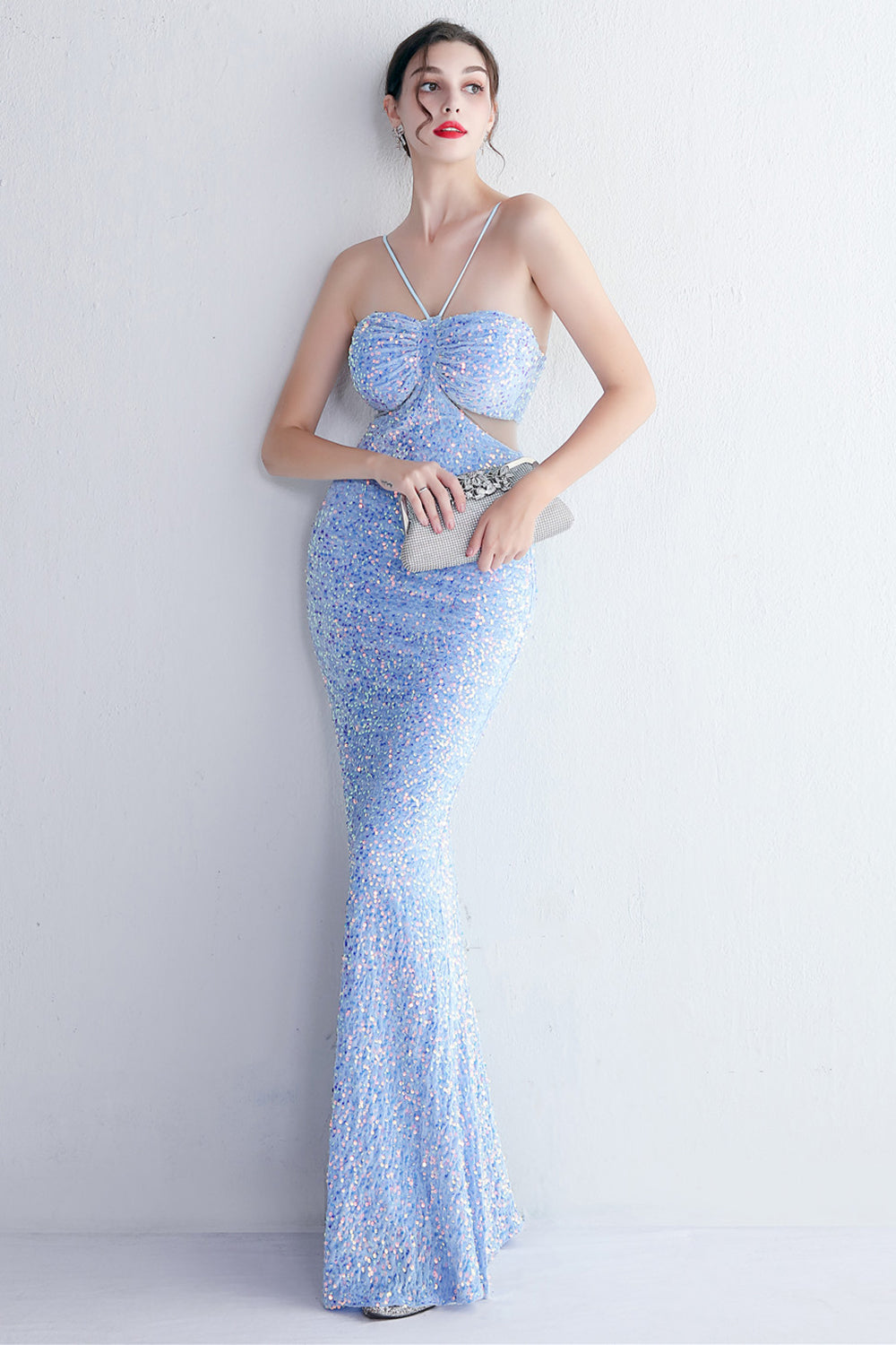 Mermaid Halter Black Sequins Long Prom Dress with Keyhole