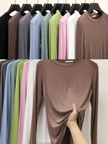 Camiseta básica modal lisa de manga larga con cuello redondo para mujer, camiseta de otoño, camiseta que combina con todo, camiseta interior 