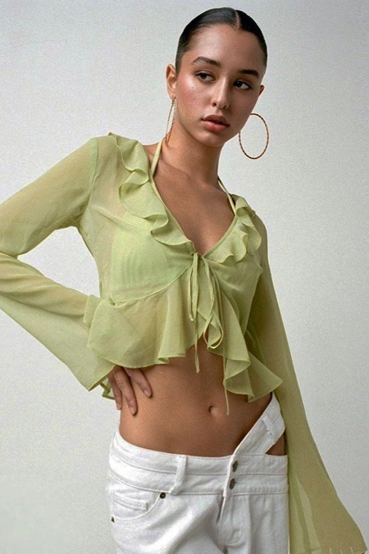 Sheer Flowy Ruffle V Cropped Blouse