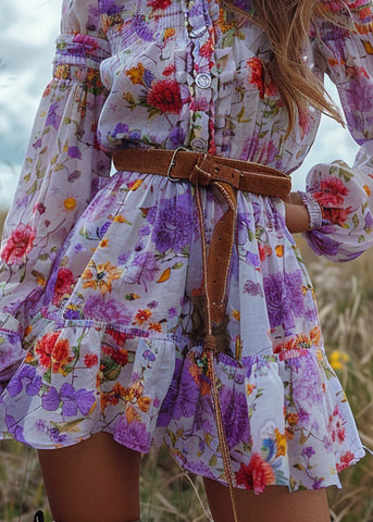 Bohemian Pastoral Style Floral Rüschen Patchwork Minikleid Langarm 