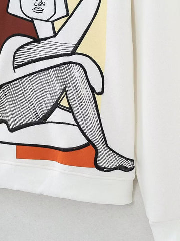 Suéter holgado de algodón con estampado bordado para niña, color blanco otoñal 