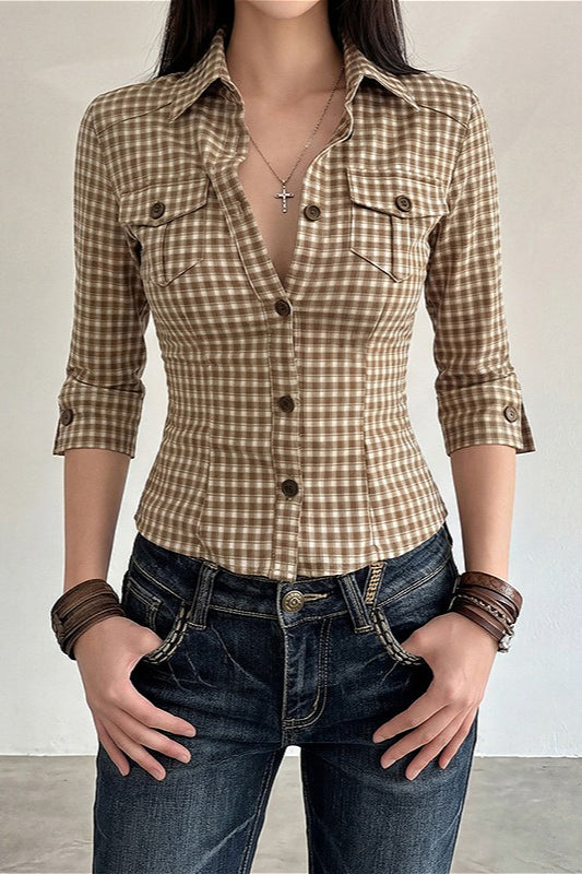 Plaid Waist Slim Five Quarter Sleeve Blouse