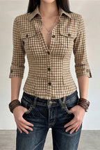 Plaid Waist Slim Five Quarter Sleeve Blouse