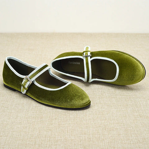 Zapatos planos estilo español con punta redonda para mujer, de terciopelo, Mary Jane, color verde, azul y marrón. 