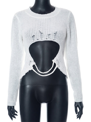 Tossy Long Sleeve Hollow Out Knit Pullover Sweater For Women Broken Sexy Slim High Waist Y2k Top Knitwear Autumn Female Pullover