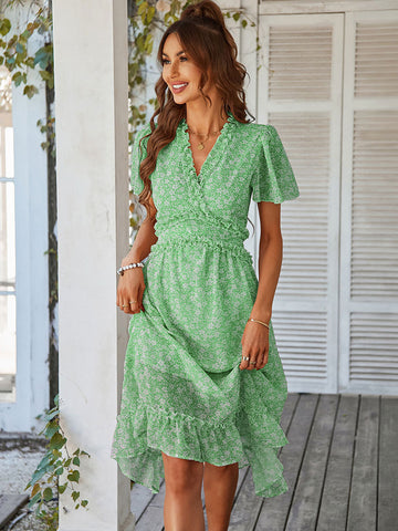 Printed V-Neck Short Sleeves Midi Dress