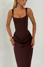 Sexy Ruched Spaghetti Strap Boned Waist Cinching Bodycon Maxi Dress