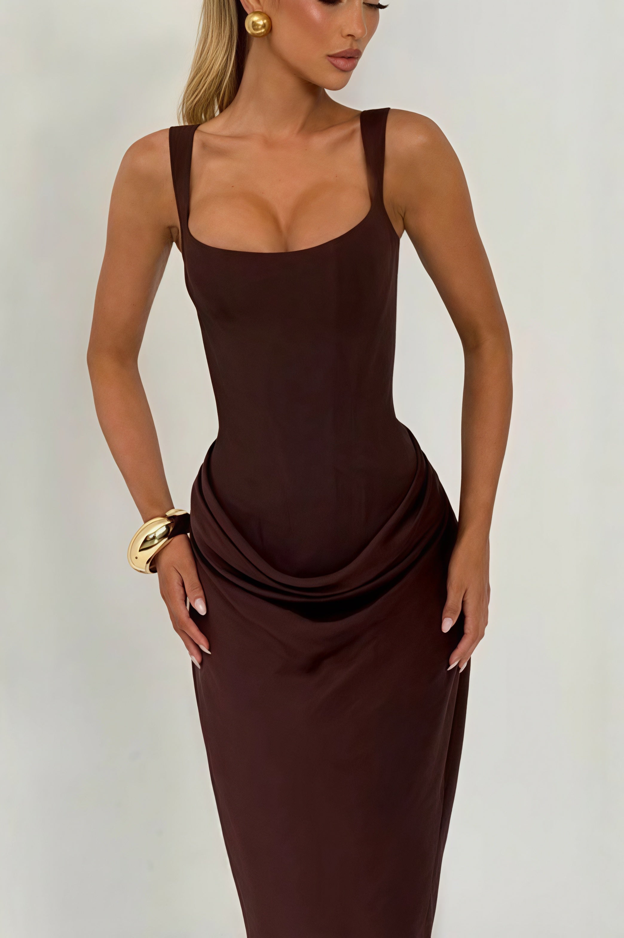 Sexy Ruched Spaghetti Strap Boned Waist Cinching Bodycon Maxi Dress