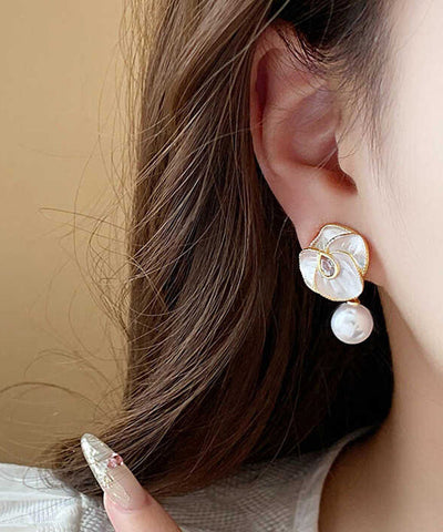 Chic White Sterling Silver Overgild Zircon Pearl Camellia Flower Drop Earrings