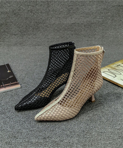 Elegante Stiletto-Stiefel aus schwarzem atmungsaktivem Mesh mit spitzer Zehenpartie 