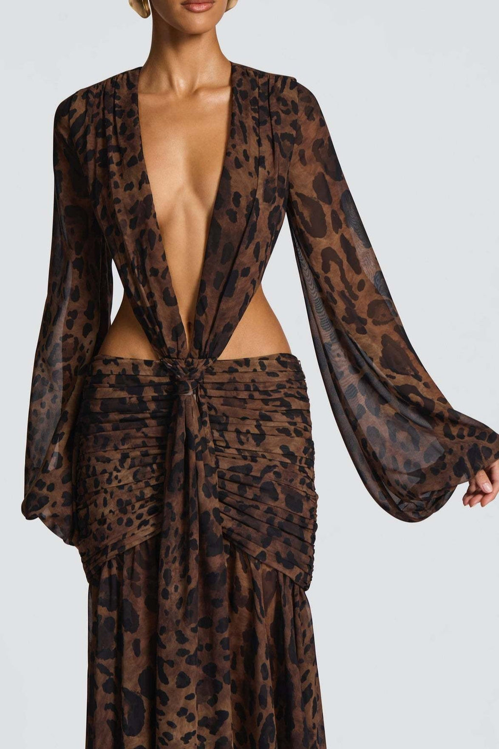 Leopard Mesh Hollow Deep V Sexy Maxi Dress