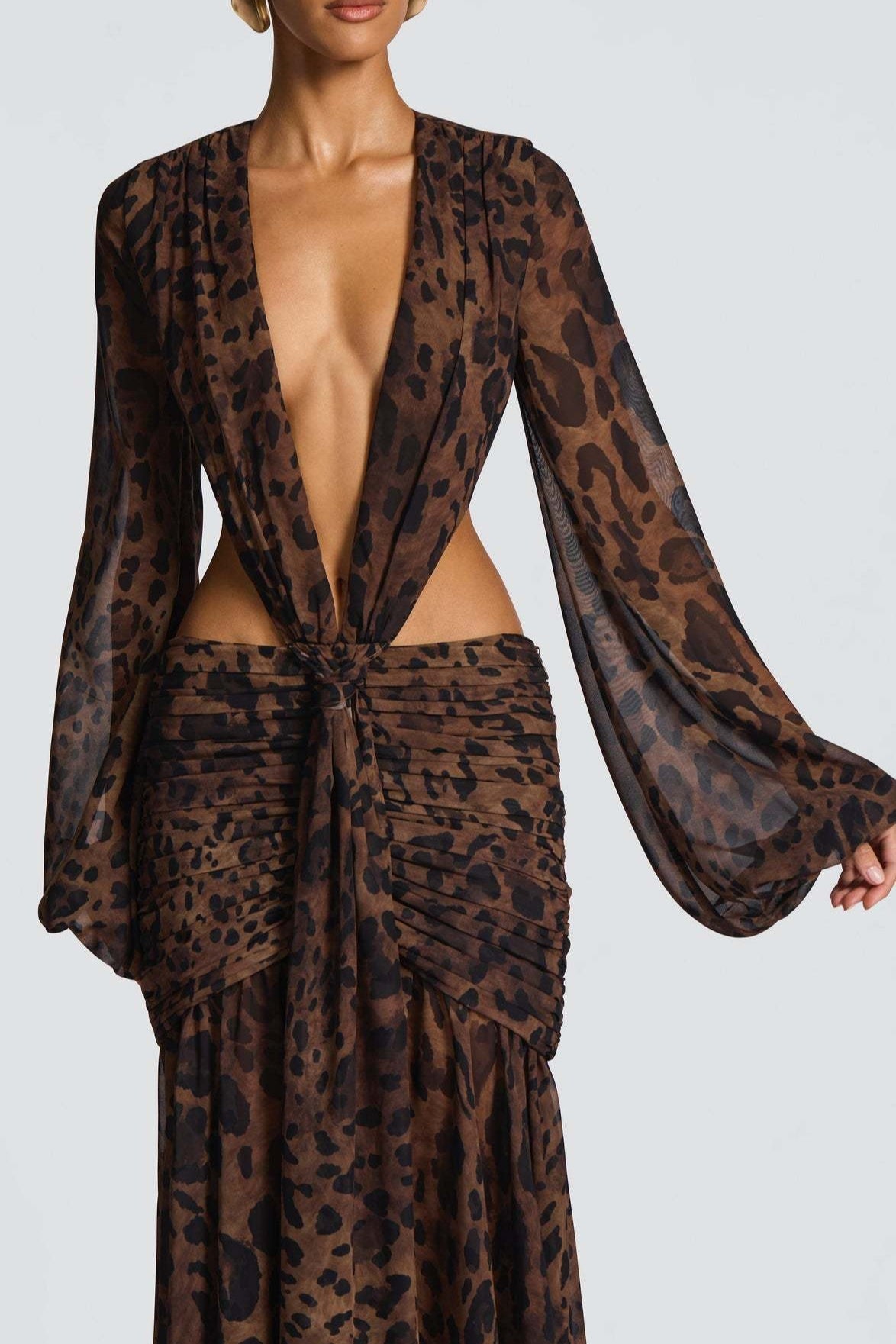 Leopard Mesh Hollow Deep V Sexy Maxi Dress