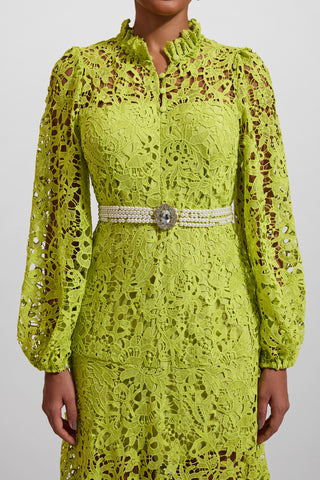 Vestido midi de manga larga con bordado de encaje verde 