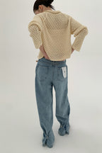 Hollow-Out Collared Tie-Waist Long-Sleeve Short Knit Cardigan