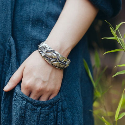 Sterling Silver Koi Fish Playing with Lotus Bracelet