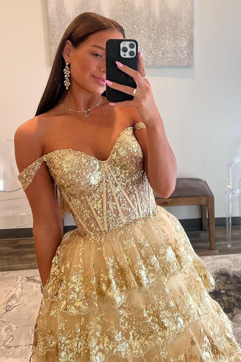 Prinzessinnen-Abendkleid aus Paillettenspitze mit schulterfreiem Ausschnitt