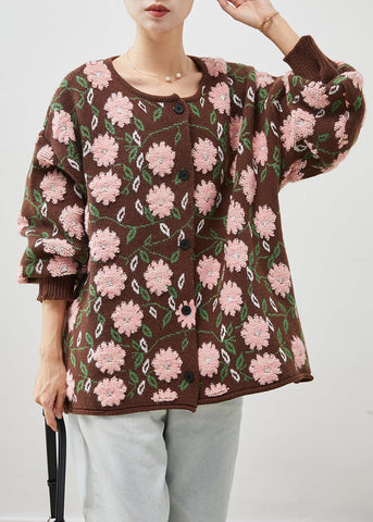 Simple Coffee Oversized Jacquard-Strickjacke mit Blumenmuster für den Winter 