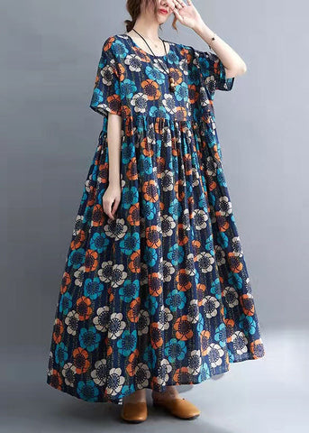 Elegante vestido de fiesta de verano con estampado de cuello redondo azul y media manga 