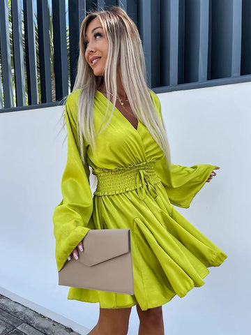 Mini Dresses Yellow Green Long Sleeves Lace Up Short Dress