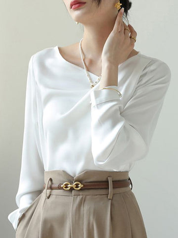 Long Sleeves Loose Asymmetric Pleated Solid Color Split-Joint V-Neck Blouses&Shirts Tops