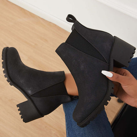 Chelsea-Stiefel aus Kunstleder mit Profilsohle, Schlupfstiefeletten mit dickem Absatz 